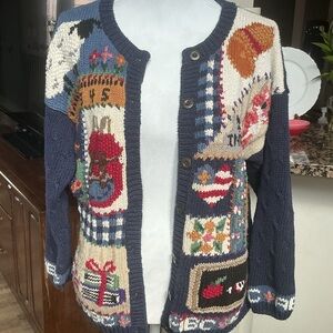 VTG Signature Northern Isles Knitted By Hand Cardigan Sweater Sz LG School Theme